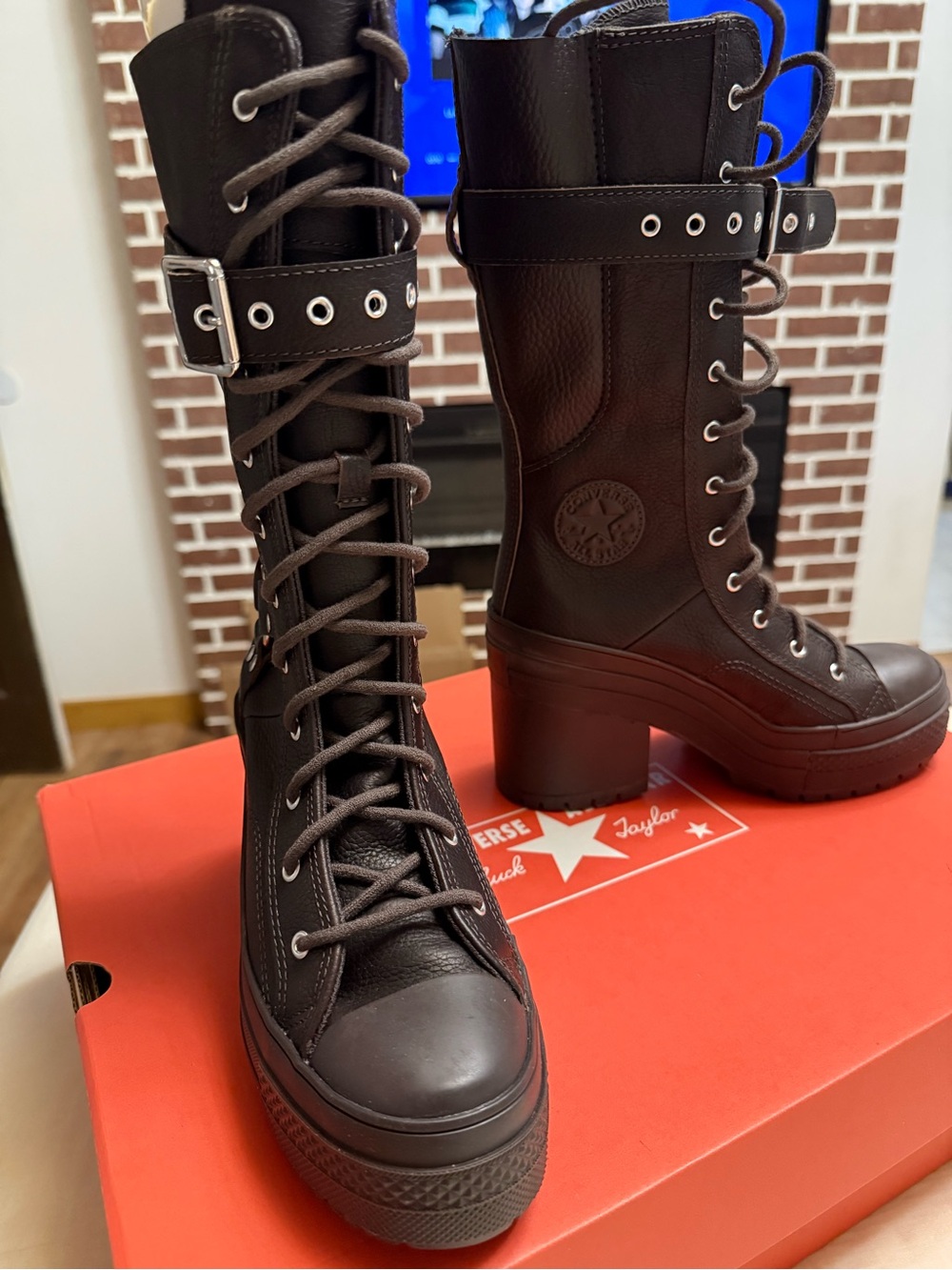 Black Lace-Up Platform Combat Boots with Buckle Strap - Women